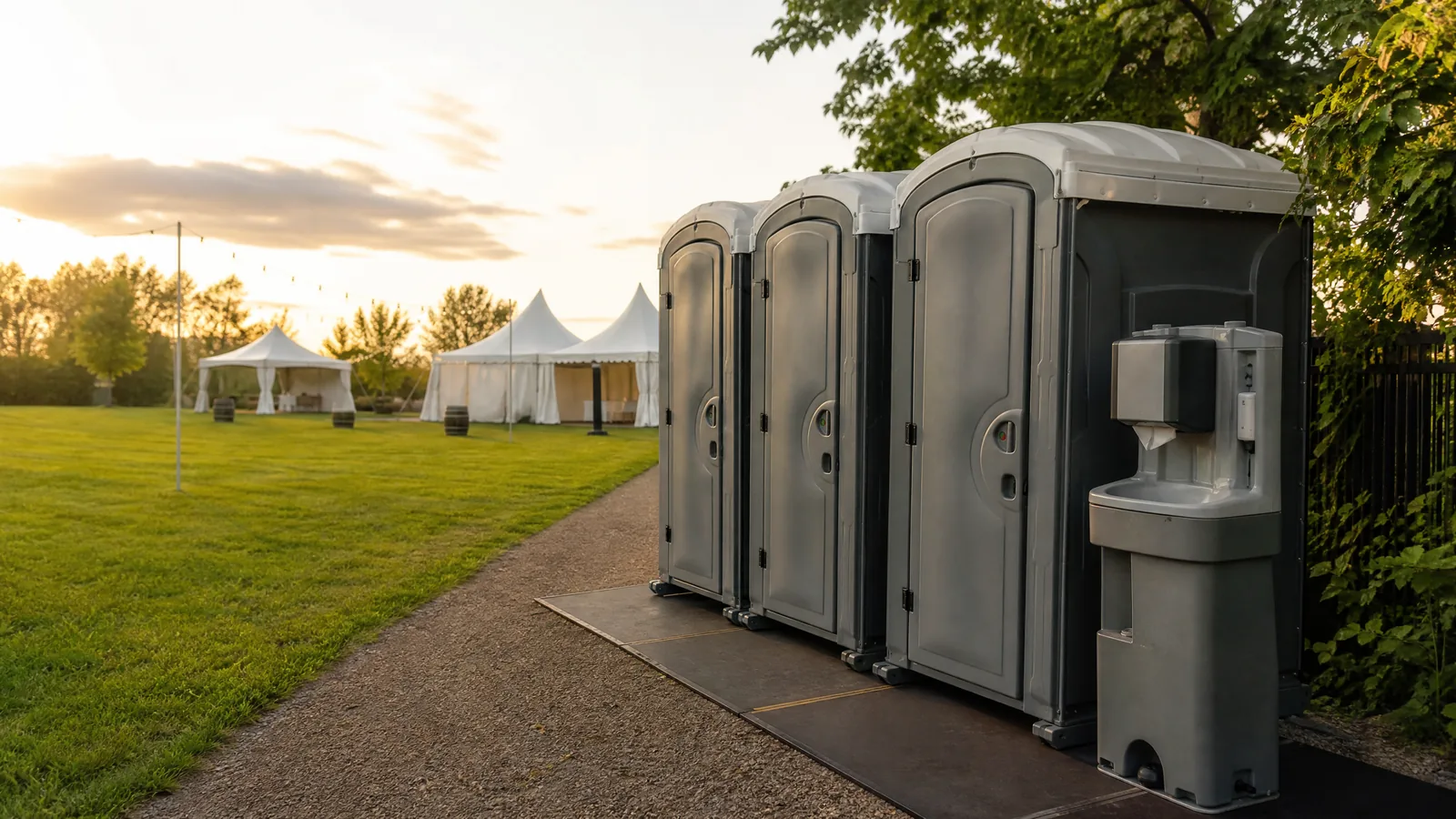 Portable restroom units staged for an outdoor event